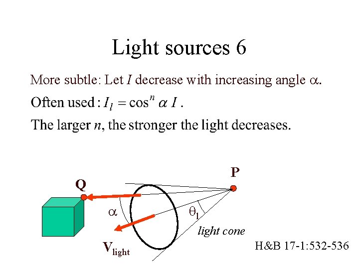 Light sources 6 More subtle: Let I decrease with increasing angle a. P Q