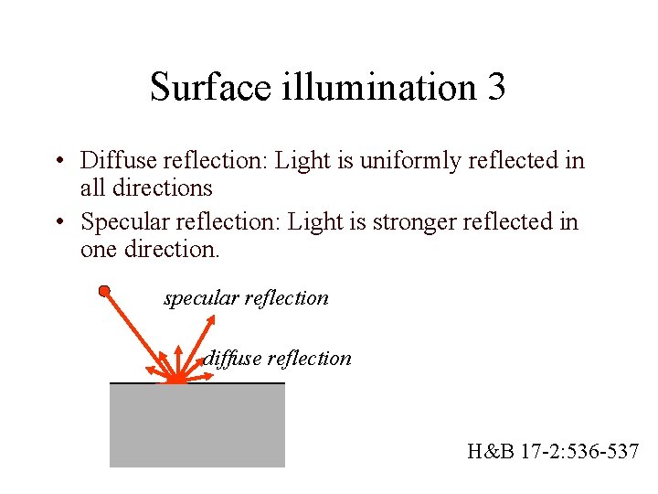 Surface illumination 3 • Diffuse reflection: Light is uniformly reflected in all directions •