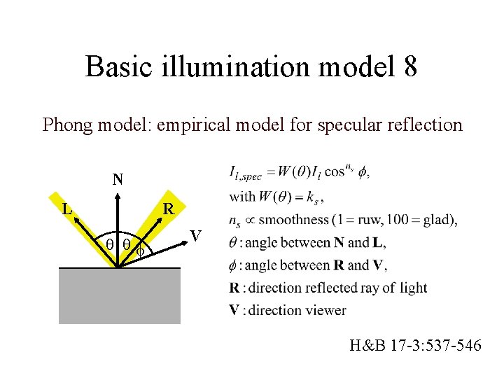 Basic illumination model 8 Phong model: empirical model for specular reflection N L R