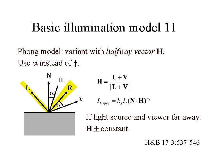 Basic illumination model 11 Phong model: variant with halfway vector H. Use a instead