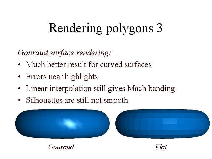 Rendering polygons 3 Gouraud surface rendering: • Much better result for curved surfaces •