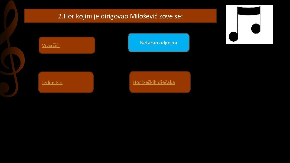 2. Hor kojim je dirigovao Milošević zove se: Vrapčići Jedinstvo Netačan odgovor Hor bečkih