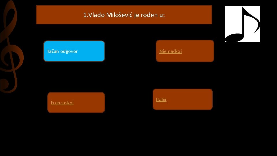 1. Vlado Milošević je rođen u: Tačan odgovor Francuskoj Njemačkoj Italiji 