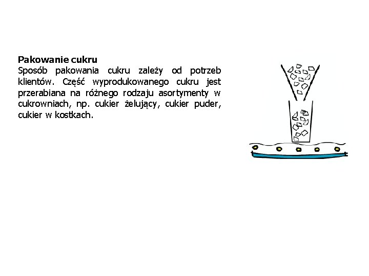 Pakowanie cukru Sposób pakowania cukru zależy od potrzeb klientów. Część wyprodukowanego cukru jest przerabiana