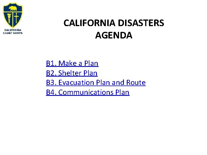 CALIFORNIA DISASTERS AGENDA B 1. Make a Plan B 2. Shelter Plan B 3.