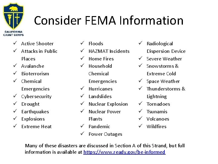 Consider FEMA Information Active Shooter Attacks in Public Places Avalanche Bioterrorism Chemical Emergencies Cybersecurity