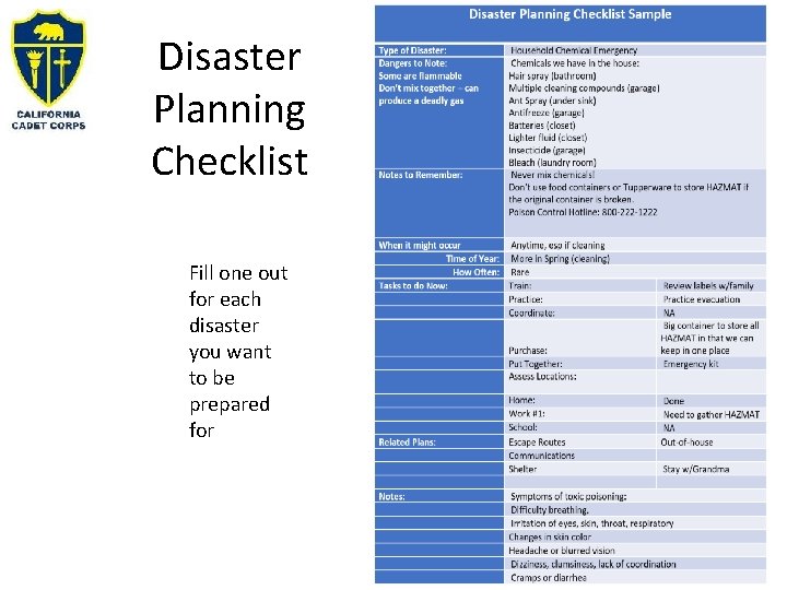 Disaster Planning Checklist Fill one out for each disaster you want to be prepared