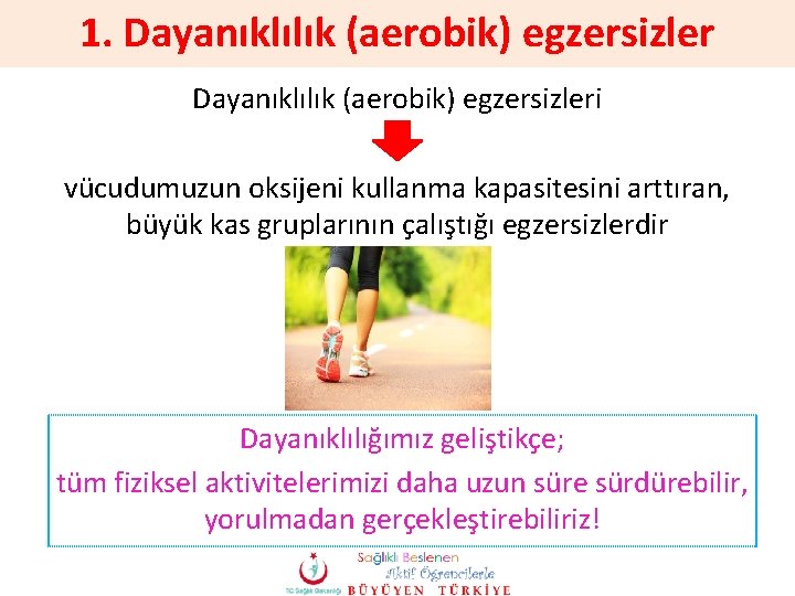 1. Dayanıklılık (aerobik) egzersizleri vücudumuzun oksijeni kullanma kapasitesini arttıran, büyük kas gruplarının çalıştığı egzersizlerdir