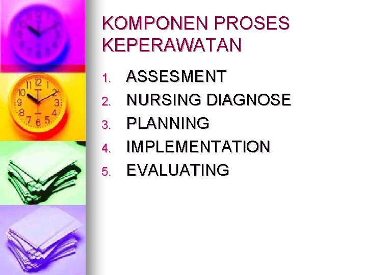 KOMPONEN PROSES KEPERAWATAN 1. 2. 3. 4. 5. ASSESMENT NURSING DIAGNOSE PLANNING IMPLEMENTATION EVALUATING