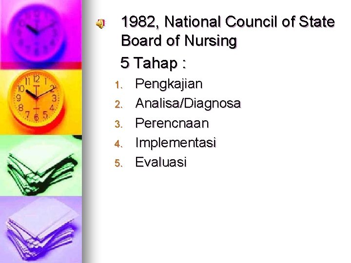 n 1982, National Council of State Board of Nursing 5 Tahap : 1. 2.