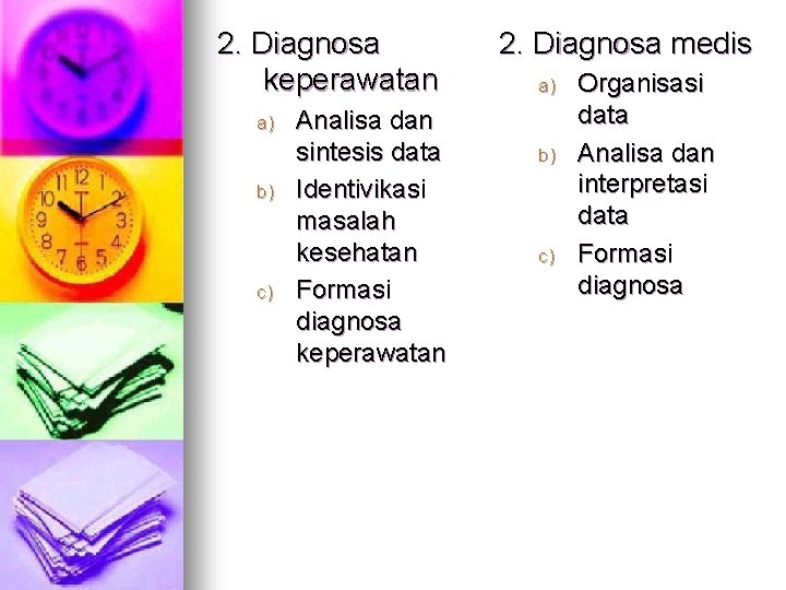 2. Diagnosa keperawatan a) b) c) Analisa dan sintesis data Identivikasi masalah kesehatan Formasi