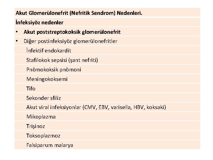 Akut Glomerülonefrit (Nefritik Sendrom) Nedenleri. İnfeksiyöz nedenler • Akut poststreptokoksik glomerülonefrit • Diğer postinfeksiyöz