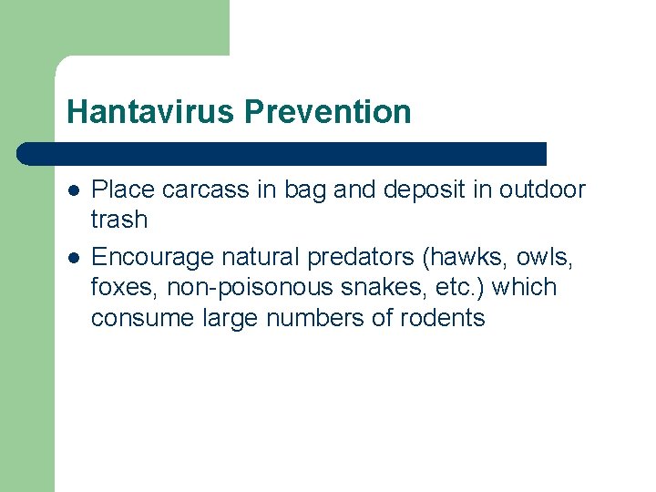 Hantavirus Prevention l l Place carcass in bag and deposit in outdoor trash Encourage