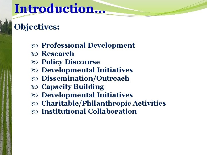 Introduction… Objectives: Professional Development Research Policy Discourse Developmental Initiatives Dissemination/Outreach Capacity Building Developmental Initiatives