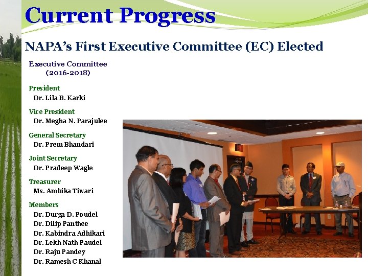 Current Progress NAPA’s First Executive Committee (EC) Elected Executive Committee (2016 -2018) President Dr.