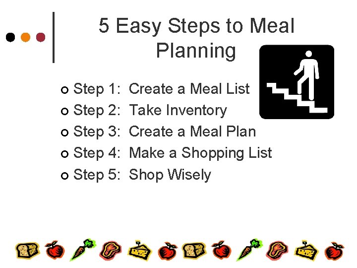 5 Easy Steps to Meal Planning Step 1: ¢ Step 2: ¢ Step 3: