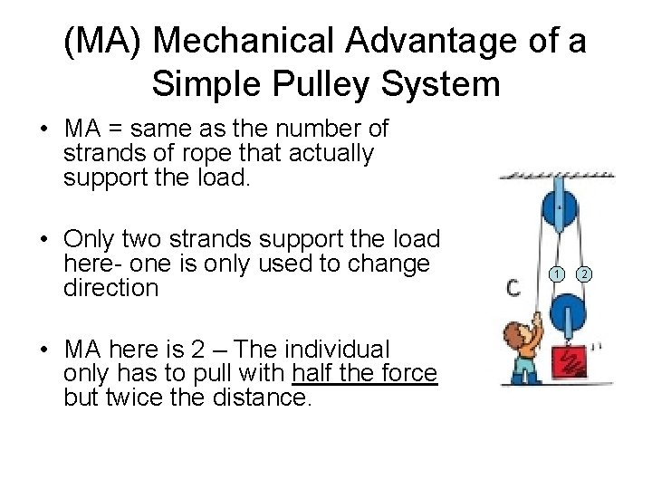 (MA) Mechanical Advantage of a Simple Pulley System • MA = same as the