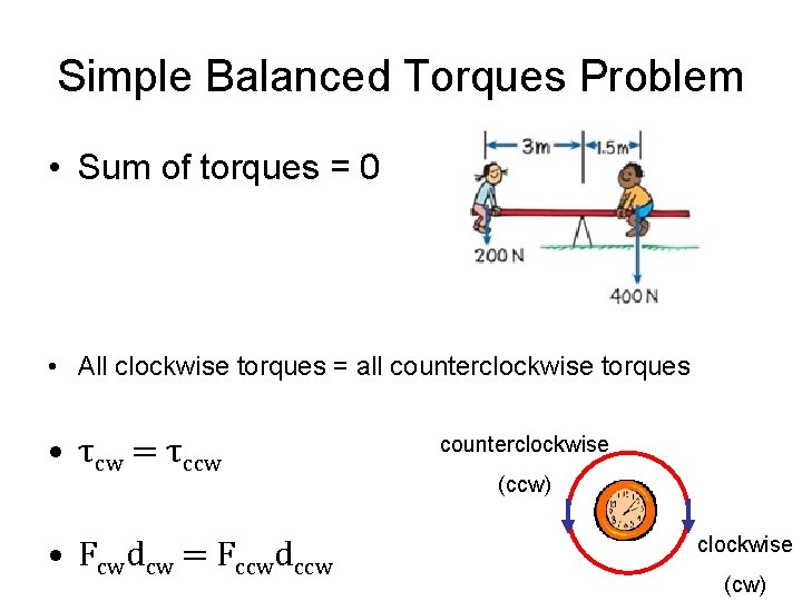 Simple Balanced Torques Problem • Sum of torques = 0 • All clockwise torques