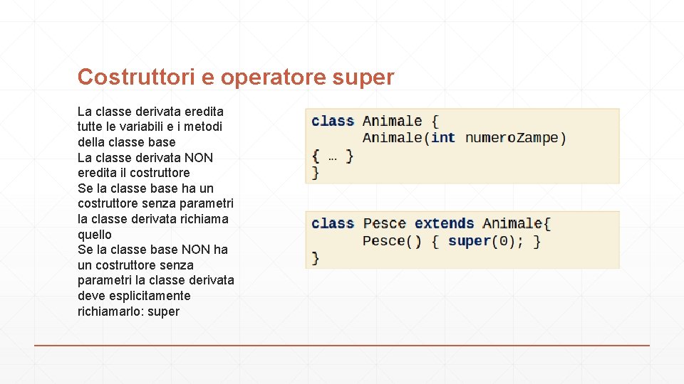 Costruttori e operatore super La classe derivata eredita tutte le variabili e i metodi