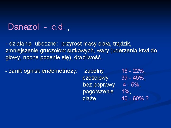 Danazol - c. d. - działania uboczne: przyrost masy ciała, trądzik, zmniejszenie gruczołów sutkowych,