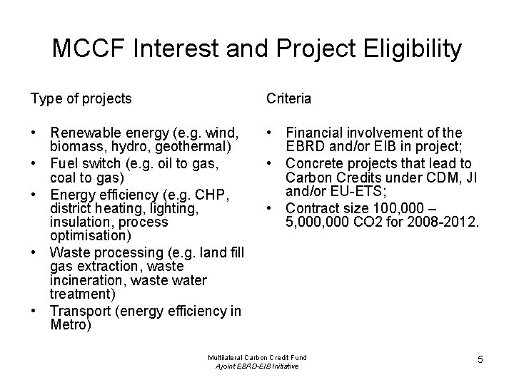 MCCF Interest and Project Eligibility Type of projects Criteria • Renewable energy (e. g.