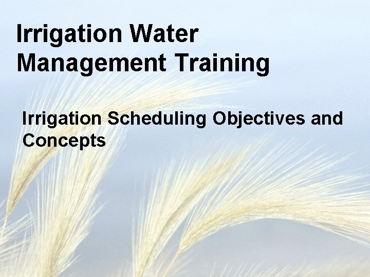 Irrigation Water Management Training Irrigation Scheduling Objectives and Concepts 