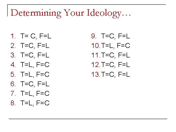 Determining Your Ideology… 1. 2. 3. 4. 5. 6. 7. 8. T= C, F=L