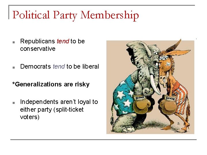 Political Party Membership ■ Republicans tend to be conservative ■ Democrats tend to be