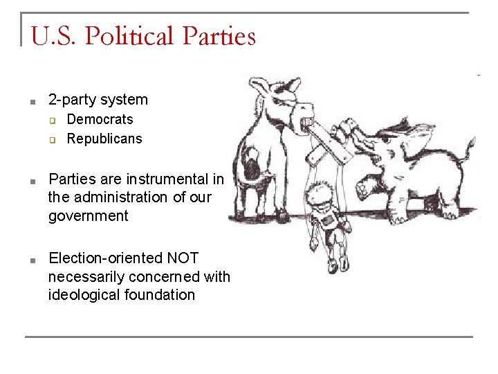 U. S. Political Parties ■ 2 -party system ❑ ❑ Democrats Republicans ■ Parties
