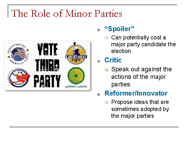 The Role of Minor Parties ■ “Spoiler” ❑ ■ Critic ❑ ■ Can potentially