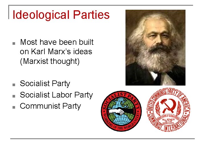 Ideological Parties ■ Most have been built on Karl Marx’s ideas (Marxist thought) ■