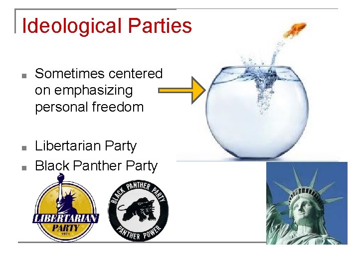 Ideological Parties ■ Sometimes centered on emphasizing personal freedom ■ Libertarian Party Black Panther