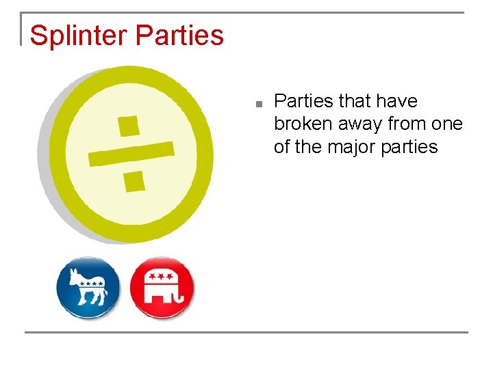 Splinter Parties ■ Parties that have broken away from one of the major parties