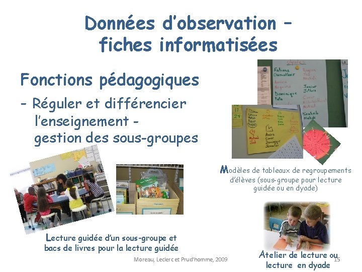 Données d’observation – fiches informatisées Fonctions pédagogiques - Réguler et différencier l’enseignement gestion des