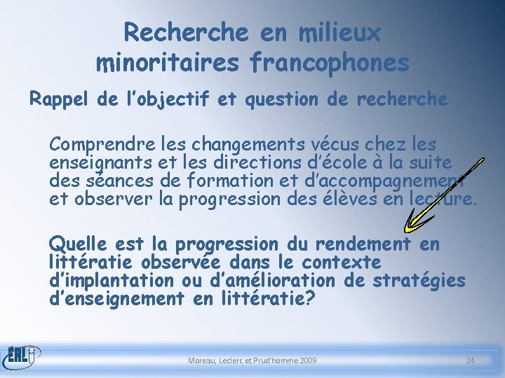 Recherche en milieux minoritaires francophones Rappel de l’objectif et question de recherche Comprendre les