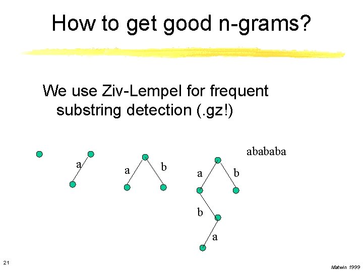 How to get good n-grams? We use Ziv-Lempel for frequent substring detection (. gz!)