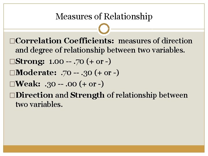 Measures of Relationship �Correlation Coefficients: measures of direction and degree of relationship between two