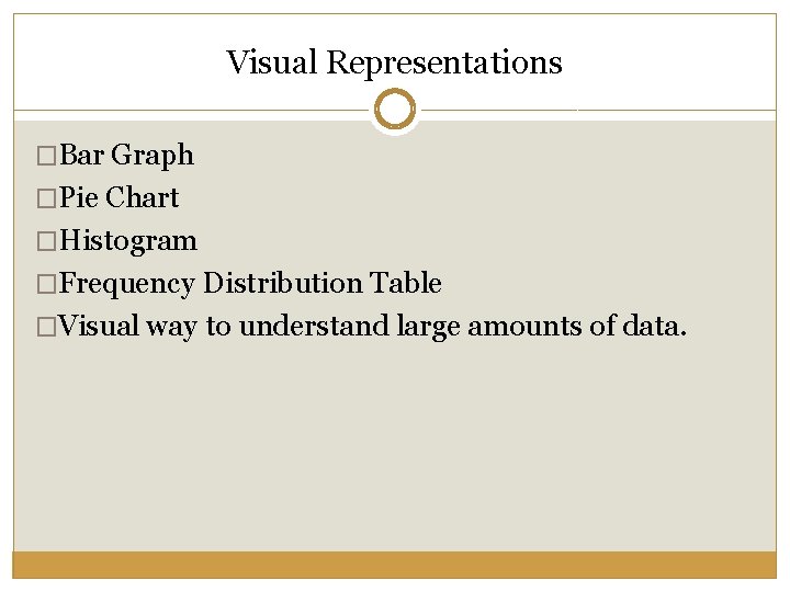 Visual Representations �Bar Graph �Pie Chart �Histogram �Frequency Distribution Table �Visual way to understand