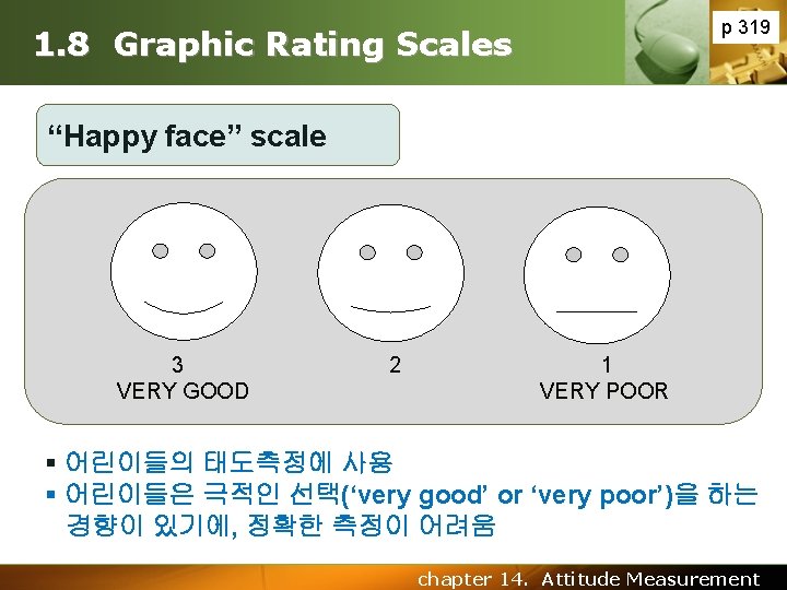 p 319 1. 8 Graphic Rating Scales “Happy face” scale 3 VERY GOOD 2