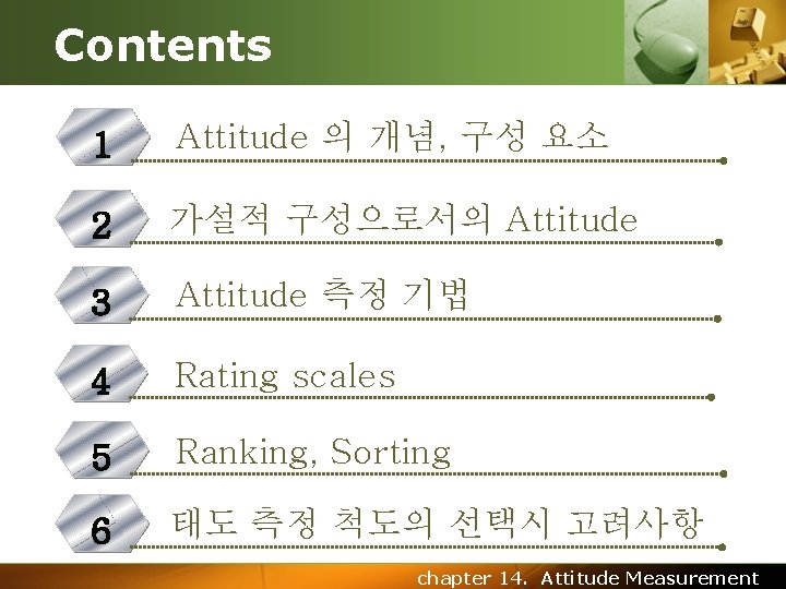 Contents 1 Attitude 의 개념, 구성 요소 2 가설적 구성으로서의 Attitude 3 Attitude 측정