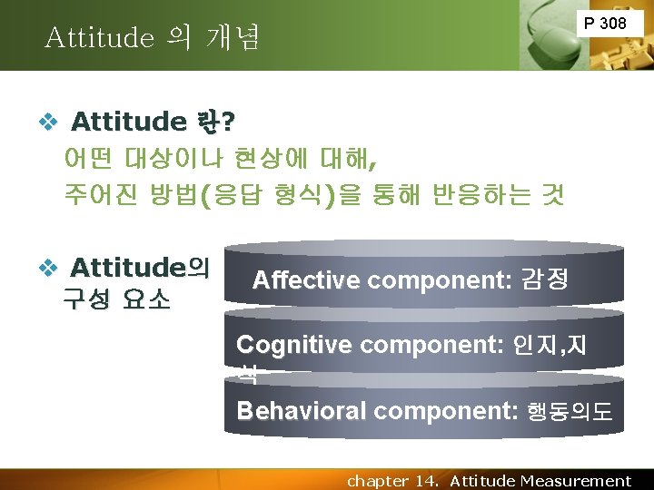 P 308 Attitude 의 개념 v Attitude 란? 어떤 대상이나 현상에 대해, 주어진 방법(응답