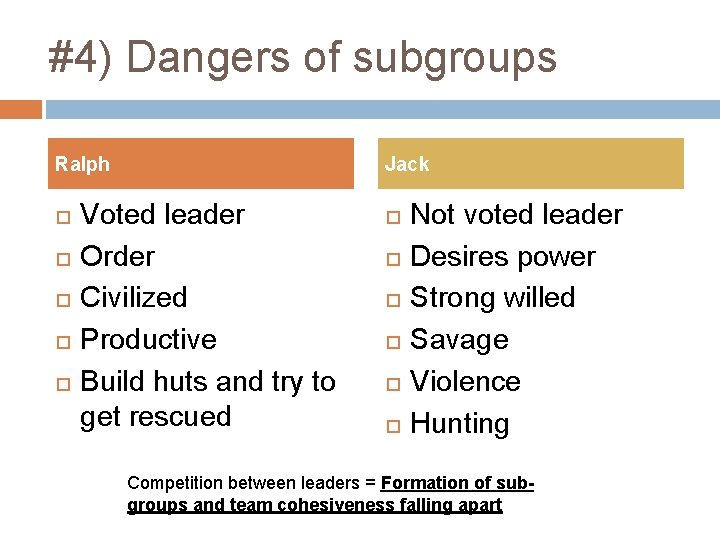 #4) Dangers of subgroups Ralph Jack Voted leader Order Civilized Productive Build huts and