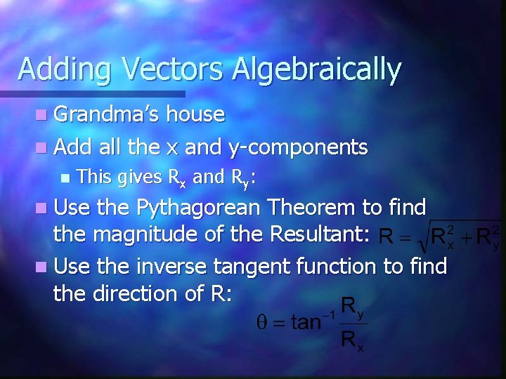 Adding Vectors Algebraically n Grandma’s house n Add all the x and y-components n