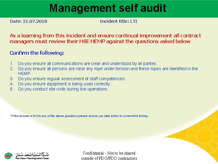 Management self audit Main contractor name – LTI# - Date of incident Date: 21.