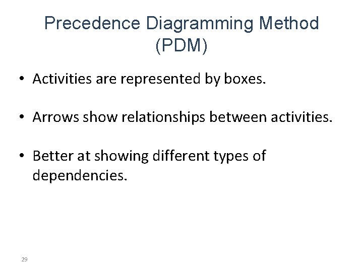 Precedence Diagramming Method (PDM) • Activities are represented by boxes. • Arrows show relationships Precedence Diagramming Method (PDM) • Activities are represented by boxes. • Arrows show relationships