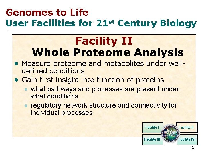 Genomes to Life User Facilities for 21 st Century Biology Facility II Whole Proteome