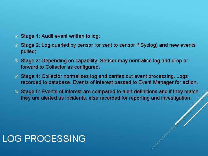 Stage 1: Audit event written to log; Stage 2: Log queried by sensor Stage 1: Audit event written to log; Stage 2: Log queried by sensor