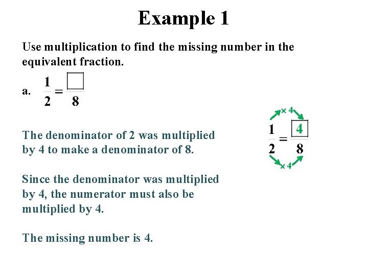 Example 1 Use multiplication to find the missing number in the equivalent fraction. a.