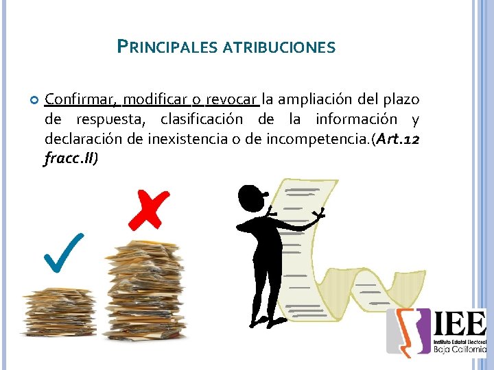 PRINCIPALES ATRIBUCIONES Confirmar, modificar o revocar la ampliación del plazo de respuesta, clasificación de