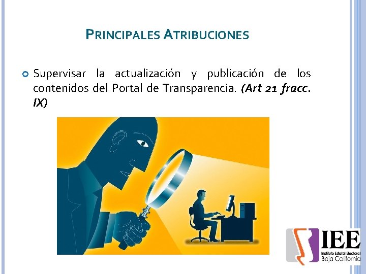 PRINCIPALES ATRIBUCIONES Supervisar la actualización y publicación de los contenidos del Portal de Transparencia.